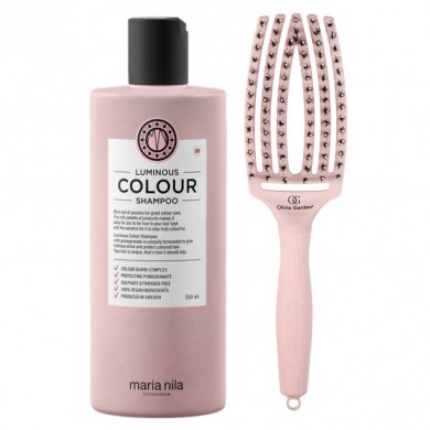 Maria Nila Luminous Colour Shampoo & Olivia Garden Fingerbrush Pastel Pink Set